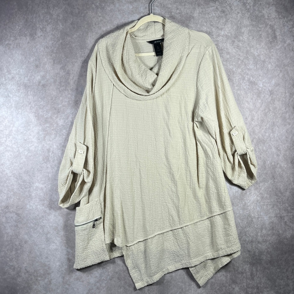 Ali Miles Tunic Top Womens‎ XL Tan Roll Tab Sleeve Cowl Neck Textured Mature